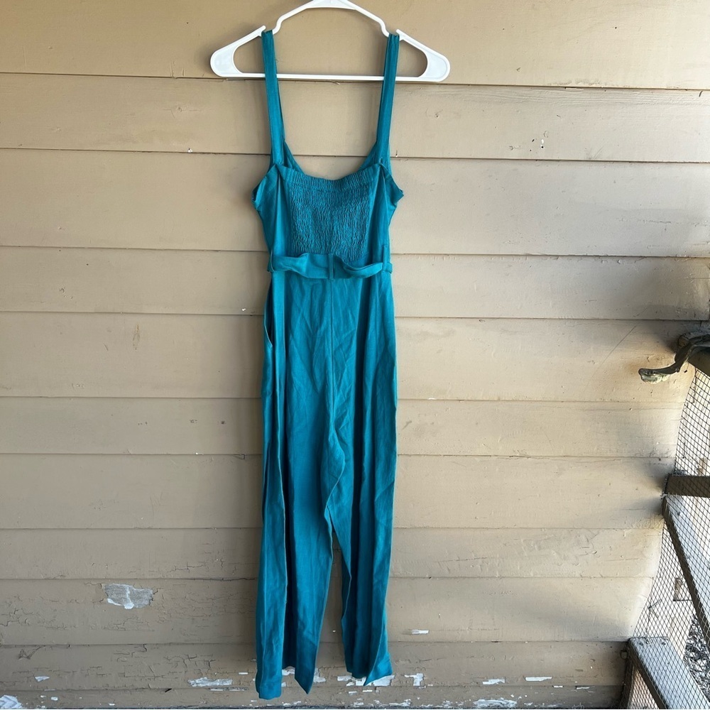 ROXY Mind Trip Jumpsuit Sz S Biscay Bay Teal Waist Tie Smocked Back Linen Blend - Picture 9 of 10